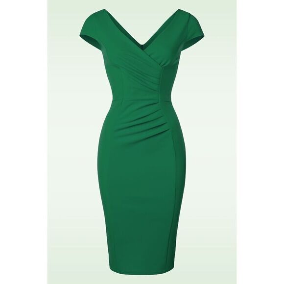 💚 NWT Retro Vintage Pinup 1940s 1950s Ruched Sheath Formal Green Pencil Dress L - Picture 9 of 16